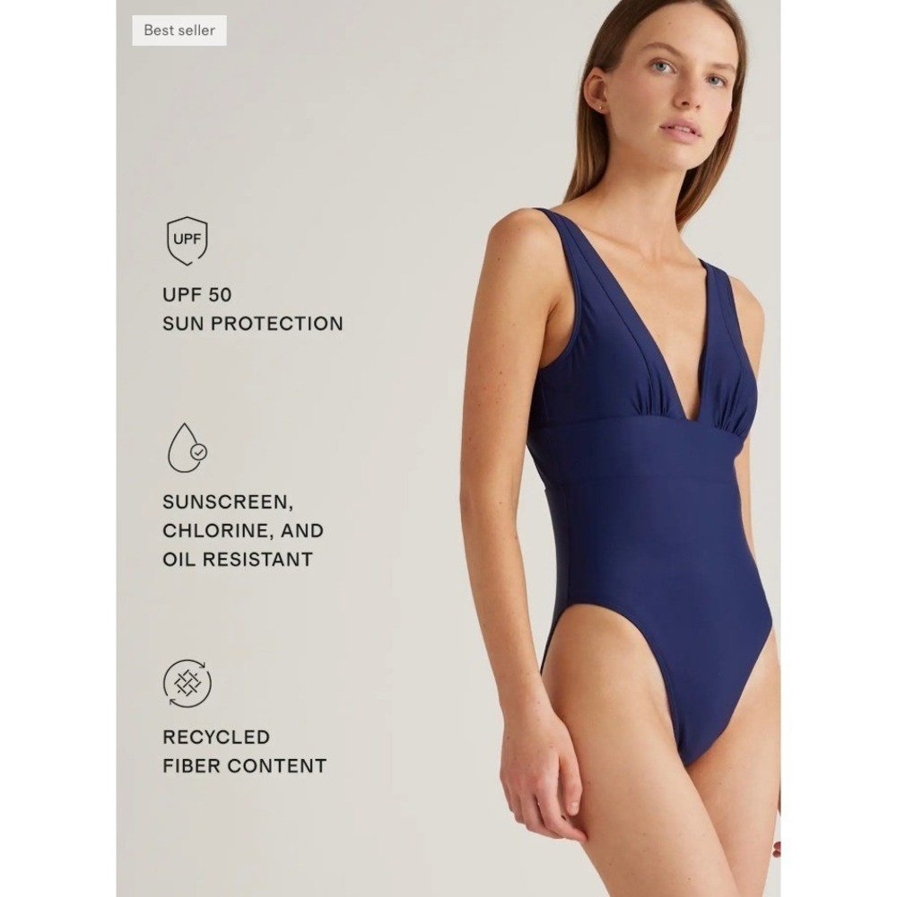 Quince One-Piece Swimsuit Womens Size M Navy Blue V-Neck Ruched Stretch - Picture 3 of 6